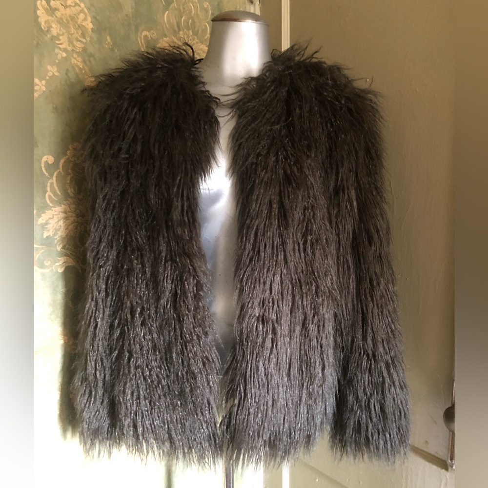 Faux Fur Long Sleeve Women's Jacket - charcoal gray